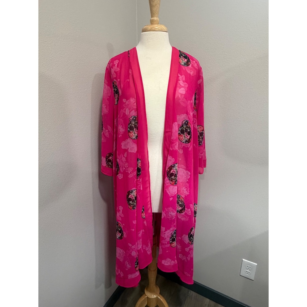 Torrid Pink Skull Floral Chiffon Kimono Cardigan Duster Layering Jacket Size 0 - Picture 1 of 6